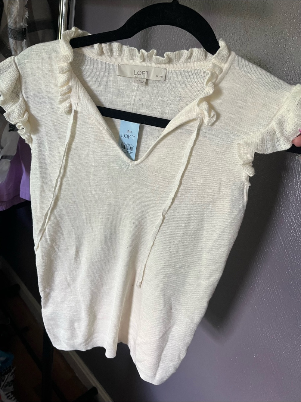 NWT LOFT Cream Ruffle-Trim Tie Neck Short Sleeve Top